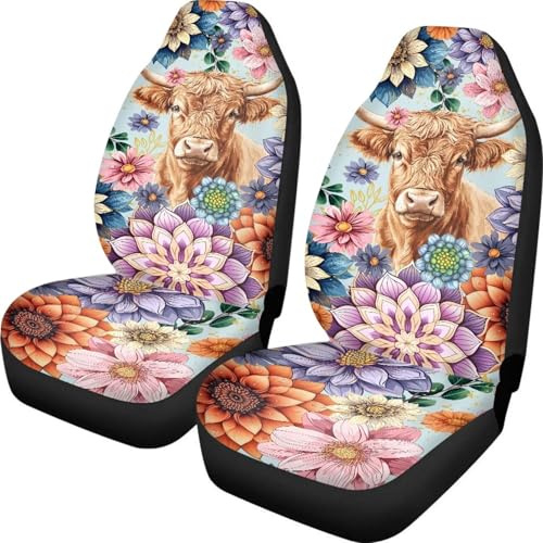 TOADDMOS Anti-Slip Car Seat Cover Front Seats Only,Boho Mandala Highland Cow Comfort Automotive Car Interior Covers Vehicle Cushion Seat Cover Set,Auto Interior Decoration