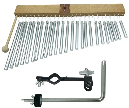 TUOREN 25 Note Bar Chimes Instrument with Metal Mount Holder Wood Mallet, Single-row Percussion Wind Chime with Mounting Bracket for Drum Set Cymbal Stand