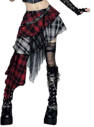 M&Catree Jupe Asymétrique Gothique Punk Jupe Écossaise Noire & Rouge à Volants avec Ceinture Cloutée et Dentelle Mode Alternative - Rouge, S