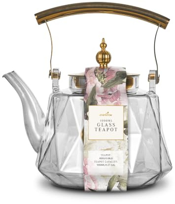 Charbrew 1000ml Glass Teapot with Infuser - Gold Ball Lid & Handle | Borosilicate Glass, Loose Leaf Tea, Teabags & Blooming Tea, Serves 5 Cups