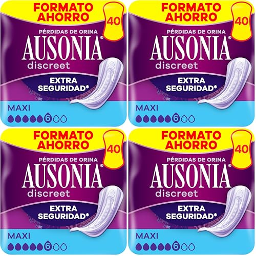 Ausonia Discreet Maxi, 40 Compresas Incontinencia Mujer para Pérdidas De Orina, Extra Seguridad, Discreción Increíble (Paquete de 4)