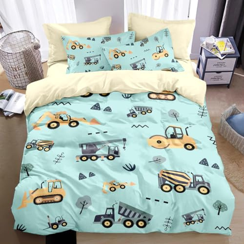 TKCQX Bettwäsche Blau Cartoon Auto Bagger Bettwäsche 140x200 Kinder Junge Mädchen Bettbezug Sets aus Mikrofaser Kinderbettwäsche mit Kissenbezug 80x80 cm