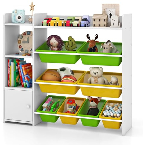 FANTASK Étagère à Jouets avec 8 boîtes de Rangement, 2 étagères Ouvertes et Armoire, 4 étages, Charge maximale : 120 kg