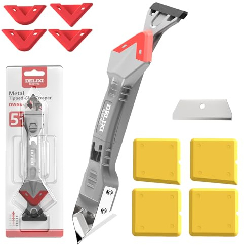 Treevian 5 in 1 Caulking Tool with 5 Silicone Pads and 4 Glass Glue Corner Scrapers, Caulk Remover Tool with Replacement Blades and Unclogging Needle, Caulking Removal Tool for Kitchen Bathroom