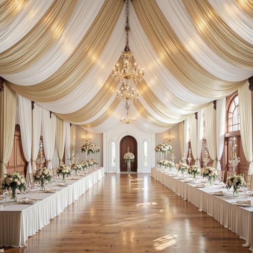 10ft×40ft Beige Ceiling Drapes for Weddings Parties,2 Panels 5×40ft Long Canopy Tent Drapes for Events,Wrinkle Free Easy to Draping&Hang Beige Ceiling Curtain Drapery for Church Stage Photo Bedroom