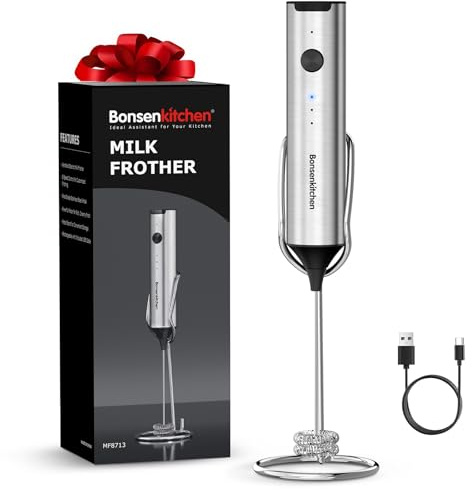 Bonsenkitchen Milk Frother Handheld with Stainless Steel Stand, Rechargeable Coffee Whisk with Dual-Layer Frother Head，3-Speed Electric Foam Maker for Latte, Cappuccino, Hot Chocolate, Matcha