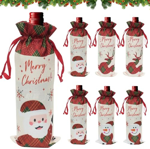 Weintasche Weihnachten, Flaschenbeutel Weihnachten mit Kordelzug, Weintasche Taschen, Weihnachts-Jute-Weinflaschen-Geschenktaschen, Weihnachts-Weinflaschen-Taschen für Weihnachtsgeschenke (C)