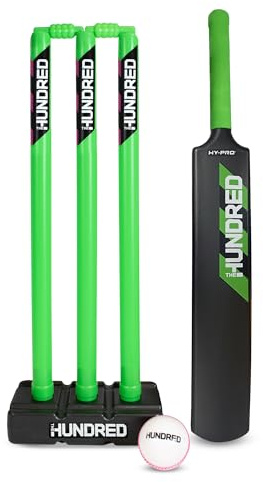 Hy-Pro Offiziell lizenziertes The Hundred Cricket-Set – Größe 3 Kunststoffschläger, Junior-Stümpfe, Windball