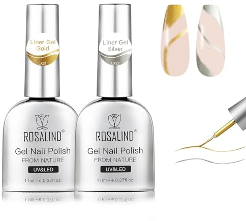 ROSALIND Gel Liner UV, 2 färger guld silver lack gel liner set, soak-off UV LED 3D målareffekt nagelgel gör-det-själv salong nageldesign, 11 ml