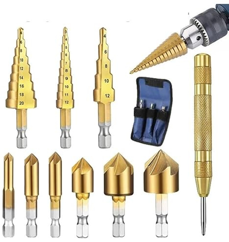 Opatiny Juego de 26 brocas para carpintería, acero de alta velocidad, para madera, PVC, hierro y aluminio, con herramientas de biselado y punzón central