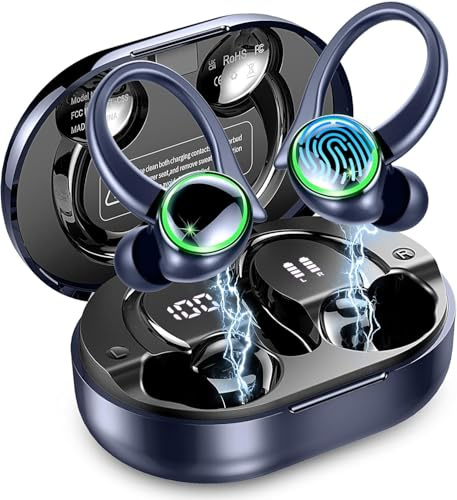Wireless Earbud Bluetooth 5.4 Headphones Sports with Earhooks, Earphones Wireless Bluetooth ENC Noise Cancelling, 50H Playtime, IP7 Waterproof Ear buds In Ear for Sport/Running/Gym, Dual LED Blue