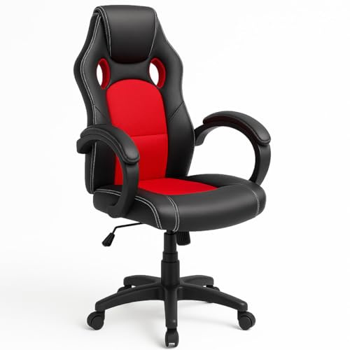BAKAJI Sedia Sportiva Poltrona Direzionale da Ufficio 4 Ruote Girevole 360° Modello Racer Gaming Design Extra Lusso in Ecopelle Nero e Tessuto (Rosso)