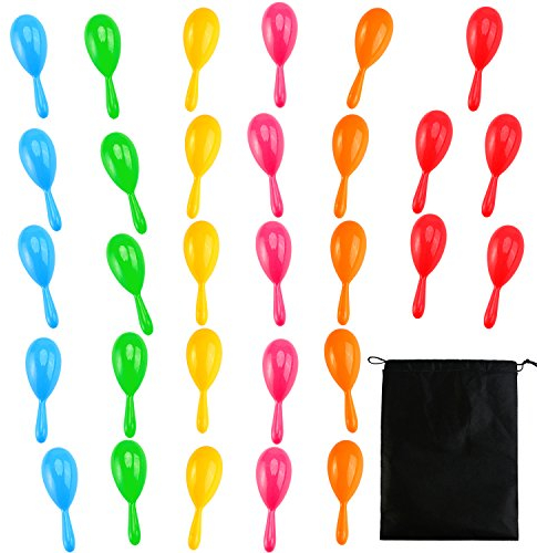 Resinta 30 Pieces Neon Maracas Shakers Mini Noisemaker Bulk Colorful Noise Maker with Drawstring Bag for Mexican Fiesta Party Favors Musical Instrument, 4 Inch, 6 Color