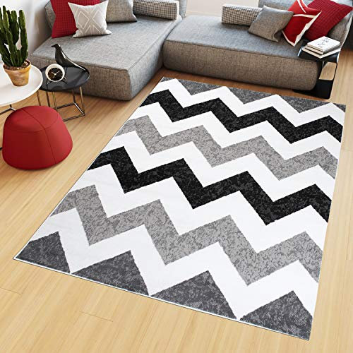 TAPISO Maya Teppich Kurzflor Grau Schwarz Geometrisch Zig Zag 120 x 170 cm