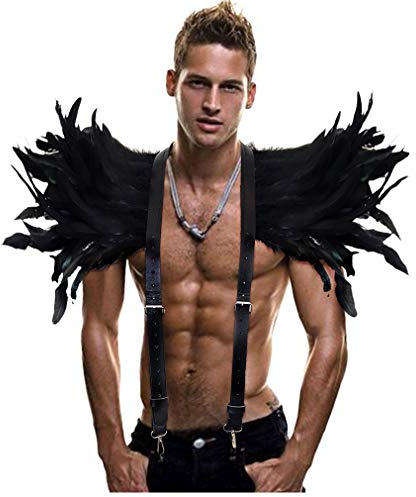 keland Gothic Schwarze Feder Achselzucken Schal Halloween Party Kostüm Epauletten Fliege Krawatte Kragen（Schwarz-004）