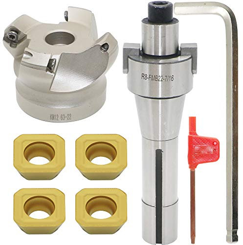 2.5 Inch Face Milling Cutter Holder KM12 63MM CNC end Milling Cutter + R8-FMB22 Shank Face Shell Mill Arbor + 4pcs SEHT1204 Carbide Inserts + 8mm Hexagon Wrench + T20 Wrench CNC Machine Tools