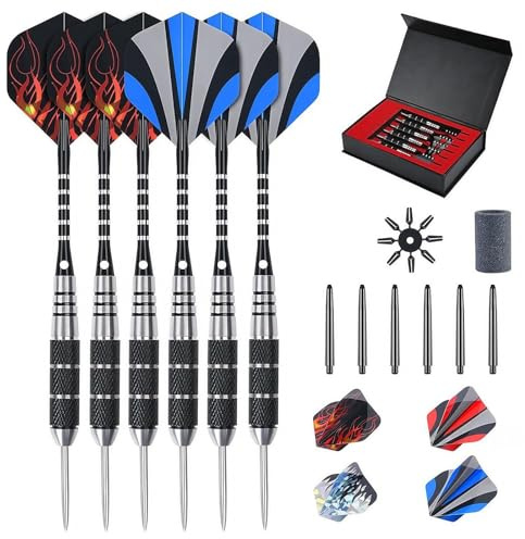 flintronic 6-pack ståldart-set, professionell 22 g dartspets med halkfri rostfri stålaxel, 4 stilar polyflygningar, PVC-axlar, pilvässare, gummiringar, flygskydd, med en presentask