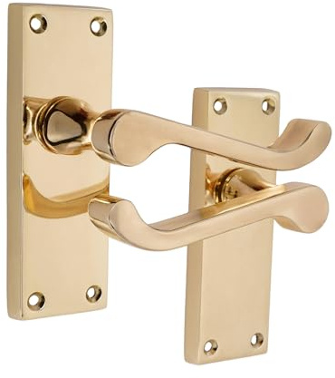 Infinity Decor Pair of Polished Brass Victorian Scroll Lever on Square Backplate Latch Door 115mm Handles Set - Ideal for Internal & Exterior Doors