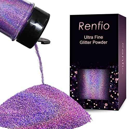 Renfio Holographic Glitzer Powder, 1.75 Oz (50g) - 1/128 0.008 0.2mm Ultra Fine Pulver for Garten Deko, Basteln, Nail Powder, Haare - Laserlicht Lila | PET-Flocken, Bastel-Pailletten, 0,2 mm, Epoxid-Chips für Becher, Schleim, 60 g, Laser-Hellviolett