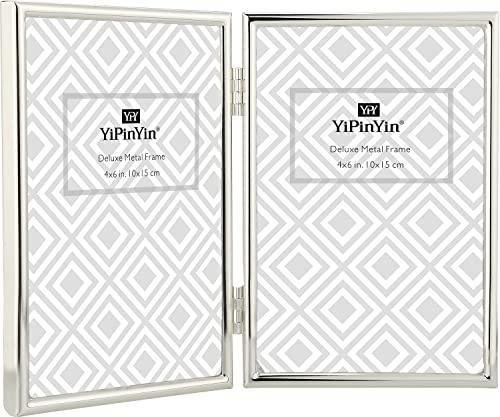 YiPinYin 4x6'' Hinged Double Simply Silver Metal Picture Frame, Elegant Silver Plated Metal Photo Frames 4 x 6'' With Soft Touch Velvet Backing for Desktop