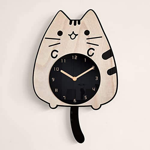 EXQULEG Katzen Dekorative Wanduhr für Kinder 28x45.5cm Holz Kinderwanduhr Lautlose Pendeluhr Wanduhr für Kinderzimmer für Kindergarten Schule