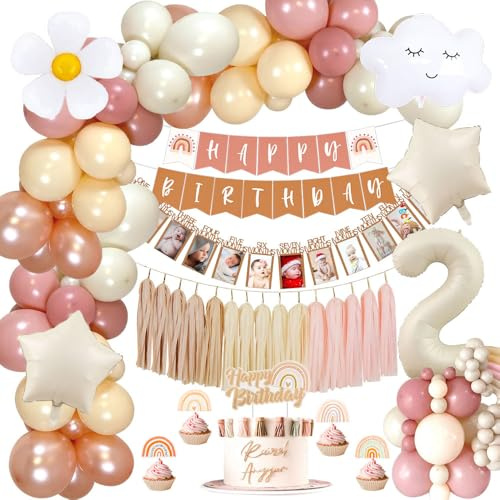 2. Geburtstagsdeko Mädchen Boho, Retro Rosa Geburtstagsdeko Luftballons mit Happy Birthday Banner, Folienballons, Papierquasten, Boho Partydeko Geburtstag für 2 Jahre Mädchen Birthday Deko
