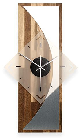 Kreative Feder Designer-WANDUHR „Silvermoon“ aus geräuchertem Eichenholz mit modernem Metallic-Look (leises Quarzuhrwerk, Eiche geräuchert)