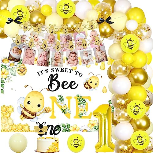 Bee 1st Birthday Party Decorations It’s Sweet To Bee One Balloon Garland Arch Kit with Backdrop Photo Banner Cake Topper for First Birthday Party Supplies