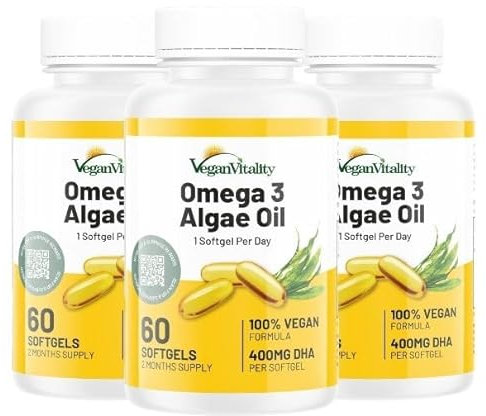 Omega 3 Algae Oil : 400mg DHA - for Heart, Joints, Brain Health, High Strength 180 Softgel Tablets, 6 Months Supply. Vegan Vitality's Algae Omega 3 - Vegans, Vegetarians DHA Supplement