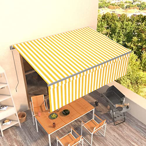 Homgoday Retractable Articulated Arm Awning with Blind, Balcony Awning, Sun Awning, Retractable Awning, Patio Awning, Sun Protection, Wall Mounting for Balcony, Patio, 4 x 3 m, Yellow and White