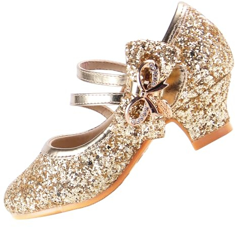 EIGHT KM Mädchen High Heel Dress Schuhe Mary Jane Prinzessin Hochzeit Party Pumps EKM7035 Glitzernde Kristall Metallic Schleife Gold EU Größe 26
