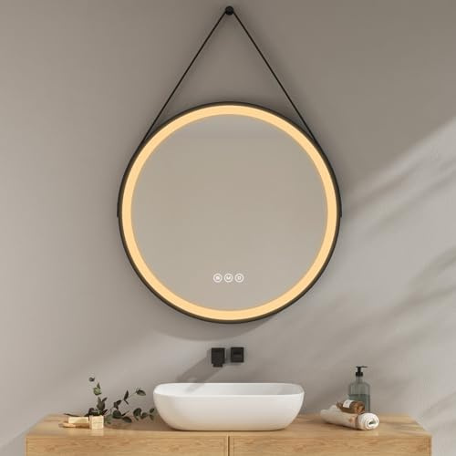 EMKE Runder Badspiegel mit Beleuchtung 80cm, Antibeschlag | Wandspiegel mit 3 Lichtfarbe dimmbar, Speicherfunktion,Touch-Schalter,3 Stunden automatische Abschaltung, Spiegel rund