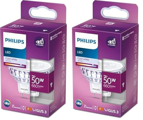 PHILIPS LED Reflector Light Spot [GU5.3] 7W - 50W Equivalent, Cool White (4000K), Non Dimmable. (Pack of 2)