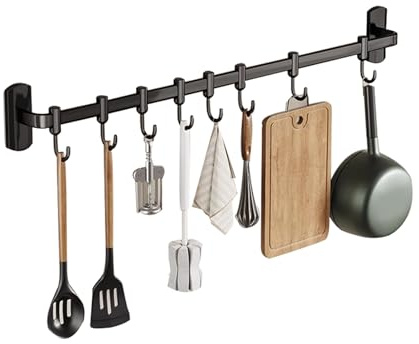 HYPIQQ Kitchen Utensil Rail with Hooks, Wall Utensil Rack, Clothes Hooks for Walls, Black, 45cm