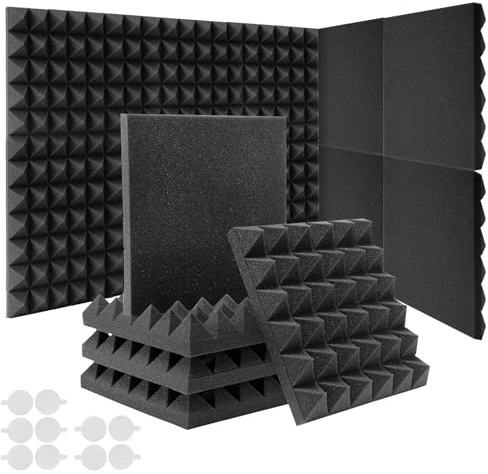 Akustikschaumstoff Pyramide 25 x 25 x 5 cm, JAMELO 12 Stücke Hohe Dichte Polyurethanschaum für Schalldämmung Schallabsorber Schallschutz Akustische Behandlung und Wanddekoration