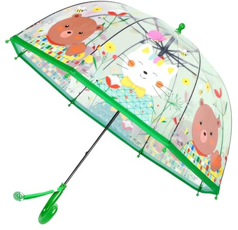 ThreeH Kids Klarer und transparenter Regenschirm mit leicht zu greifendem Griff Kuppel Bubble Kinder Stick Windproof Regenschirm für Regen Grün
