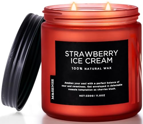 M&SENSE Erdbeer Eis Duftkerzeim Glas große 2 Docht Soja-Kerze, 330g bis zu 70 Stunden lang anhaltende Kerzen für Zuhause Geschenk Kerze und Heimdekoration für Frauen und Männer