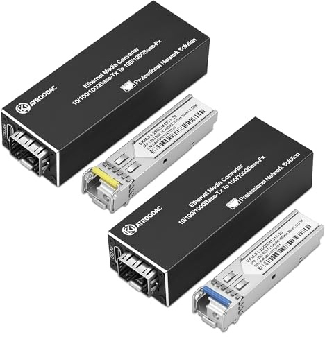 ATROODAC 1 Paar Gigabit Glasfaser Ethernet Medienkonverter, Plug & Play | 1.25G BiDi Single-Mode LC Faser, Single Port Transceiver Modul, 1310/1550nm, 20km, SFP zu RJ45, Aluminiumgehäuse für CCTV