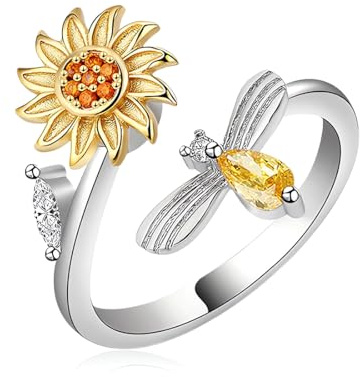 Anxiety Ring Spinner Ringe,Anti-Stress-Ring, verstellbar, Fidget-Ringe, Damen, vergoldet, Spinner, Stimmungsring, Zirkonia, Sonnenblume, Gänseblümchen, Ringe-Stil A