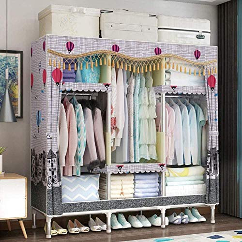 Canvas-Kleiderschränke Tragbarer Kleiderschrank Tragbarer freistehender Kleiderschrank mit 3 Hängestangen und 5 faltbaren Kleiderregalen, für Schlafzimmer, Wohnzimmer, Schuhe, Kleidung, Spielzeu