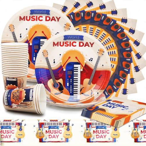 Huaxintoys Rock and Roll Party Tableware Set, 61 Pieces, Black and White, Guitar Birthday Party Decor, Music Theme Occasion, Includes Plates, Cups, Napkins and Tablecloth