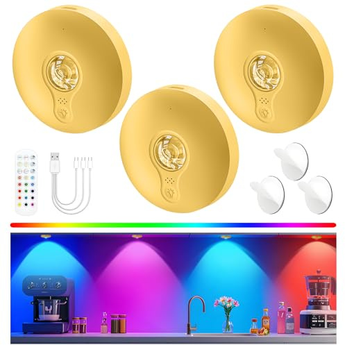 Schrankbeleuchtung Kabellos Akku USB, Unterschrank Beleuchtung Küche, Unterbauleuchte Küche LED Ohne Kabel, Vitrinenbeleuchtung Magnetisch, Puck Lights Mit Fernbedienung, Gold, 3 Stück, 3-Farbe-RGB