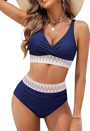 KDEIHT Bikini Damen Set Cross Zweiteiliger Badeanzug V Ausschnitt Bademode High Waist Badeanzüge Bikinioberteil Badehose Anzug mit Bauchkontrolle Swimsuit Strand Beachwear