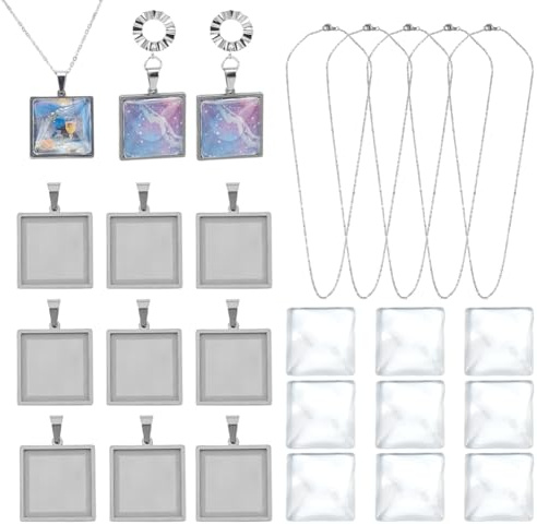DELORIGIN 10 Set Lünetten Anhängerschalen 25mm Quadratische Schmuckrohlinge Inklusive Lünettenschalen Aus Edelstahl Klarglas Cabochon Ketten Für DIY