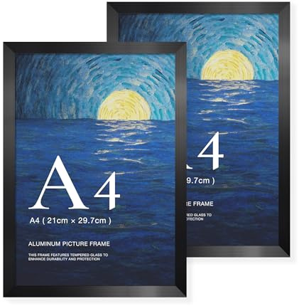LIVINGTASTE 2 Stück Bilderrahmen A4 - Aluminium Schwarz Rahmen | gebürstet mit gehärtetem Glas fur 21x29.7 cm Fotos Fotorahmen für Poster und Wohnzimmer Kinderzimmer Deko Galerie