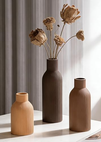 VASETOPIA Keramik Vase 3 Stück, Nordischer Boho Stil Blumenvasen Home Decor für Pampasgras, Bücherregal, Flur(Braun/Dunkelbraun/Orange)
