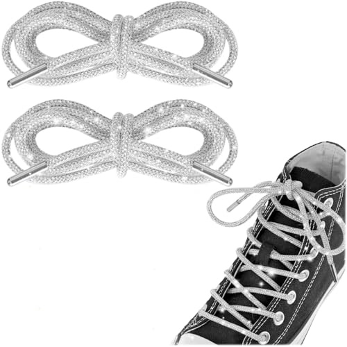 NDTEZUGT Glitzer Schnürsenkel für Sneakers, Runde Ersatz Bling Bling Schnürsenkel, Glitzernder Diamant Seilriemen für DIY-Dekoration (Weiß, 63/160cm)
