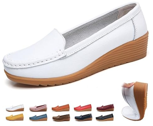 Mocasines de cuero para mujer, mocasines ortopédicos de cuña, mocasines clásicos sin cordones, para caminar, barco, casual, conducción, oficina, enfermería