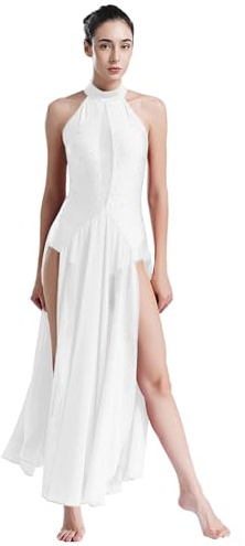Yruioon Vestido de danza lírico para mujer, vestido de ballet brillante, cuello halter maillot con falda de gasa, traje de baile moderno contemporáneo, Blanco, M
