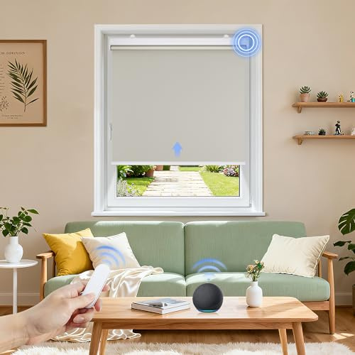 Grandekor Motorized Blinds with Remote Control, Blackout Roller Shade Electric Shades Cordless Smart Blinds for Bedroom Living Room Office,Beige,W39xH72